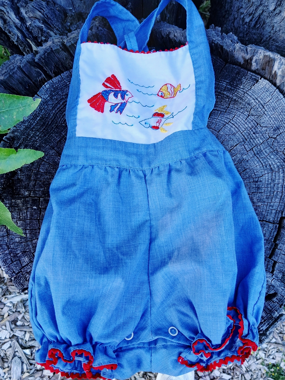 Vintage Blue Embroidered Fish Baby Romper 9 Months